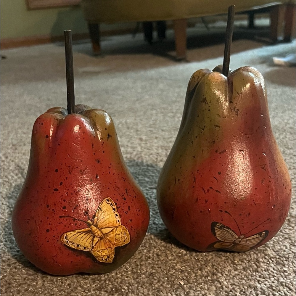 Decorative Red and Green Pear Accents with Butterfly Design 6-7” tall